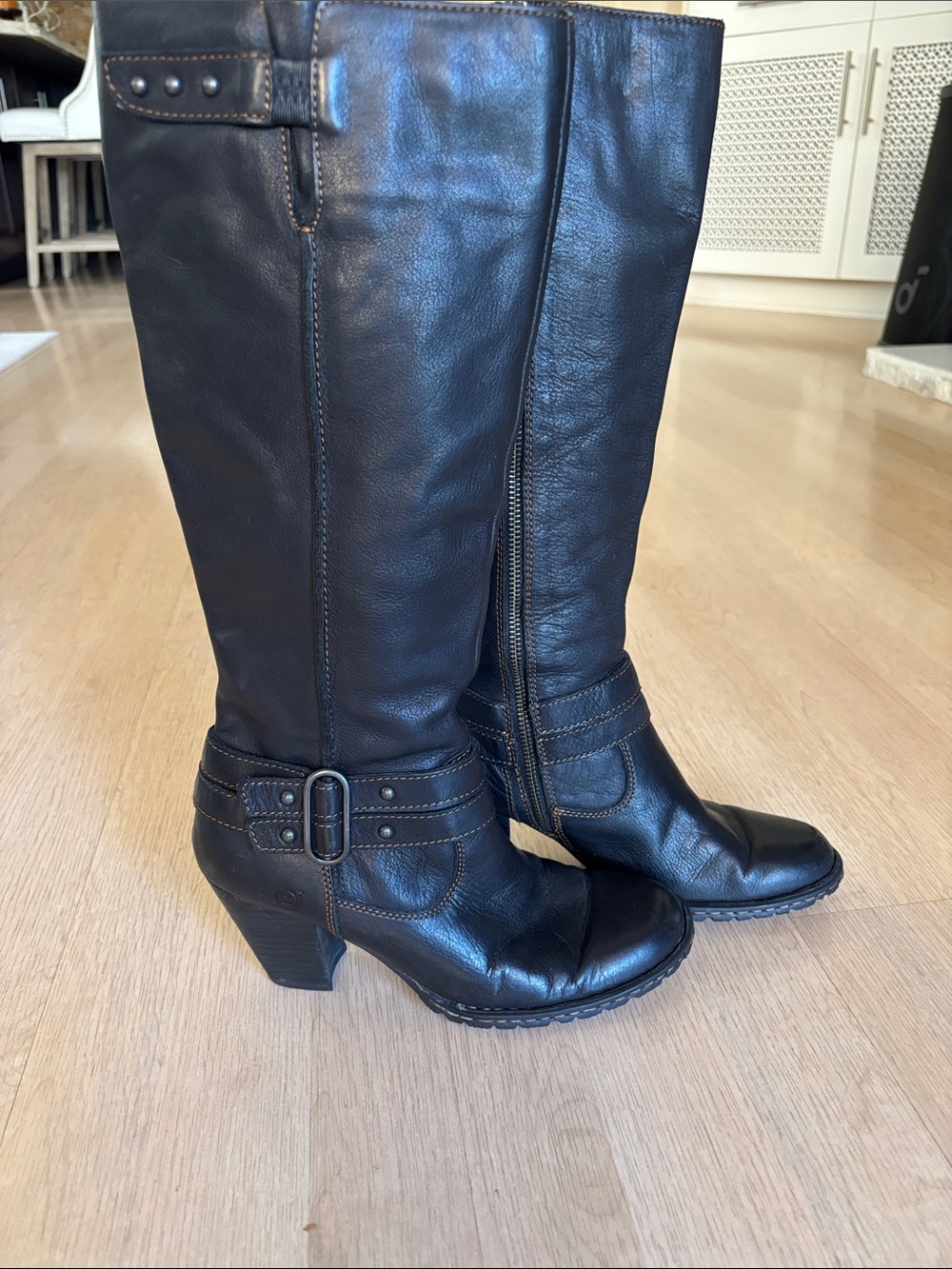 Born Black Leather Knee-High Riding Boots with Buckle Detail